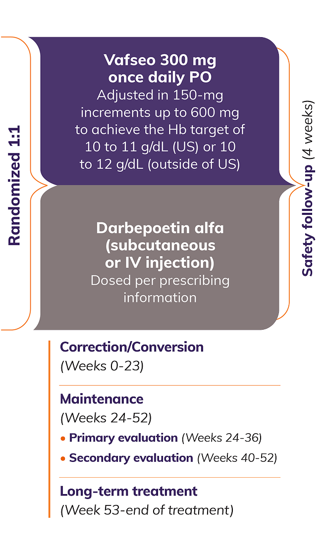 Trial flow chart depicting the randomized 1:1 trial design of Vafseo 300 mg once daily PO compared with darbepoetin alfa SC or IV injection